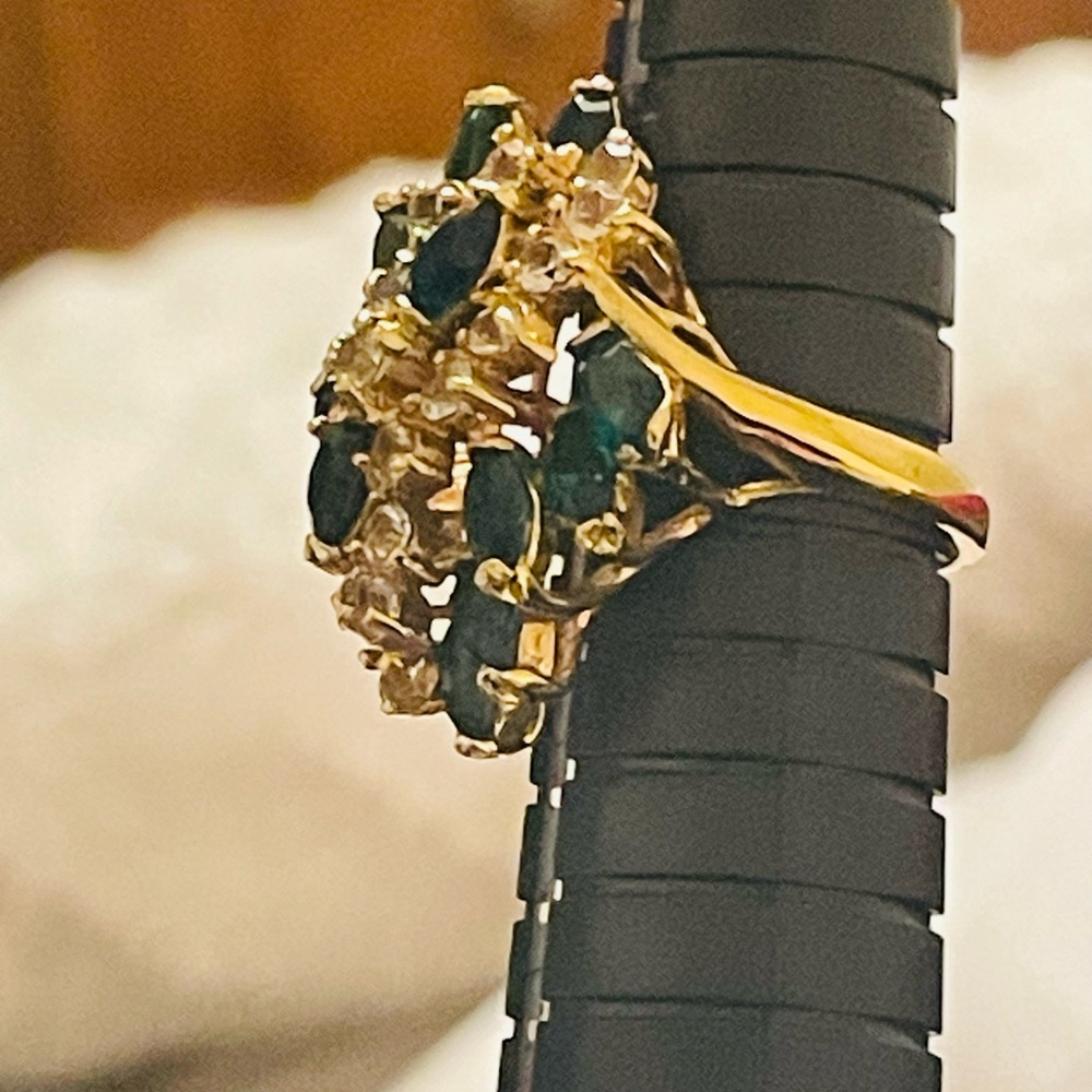 18k Yellow Gold Electroplate Green And White Cubic Zirconia Ring size 6.5